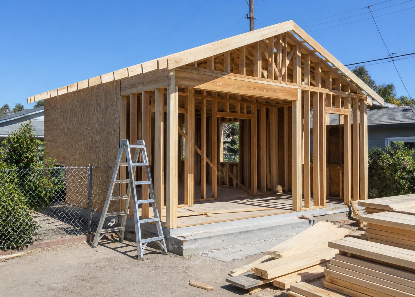 A backyard accessory dwelling unit under construction, wood framing and roof trusses in place
