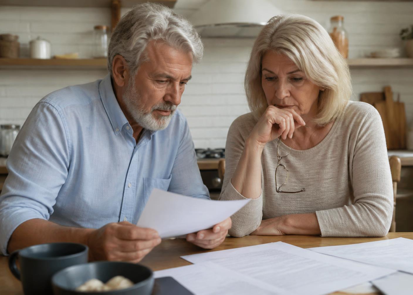 Two homeowners at a kitchen table reviewing construction contracts and paperwork